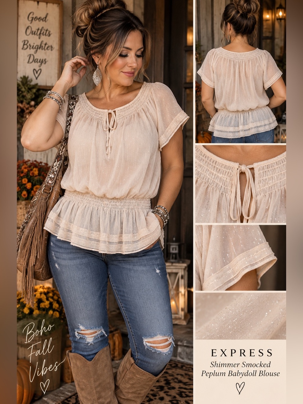 EXPRESS Shimmer Smocked Peplum Babydoll Blouse EUC